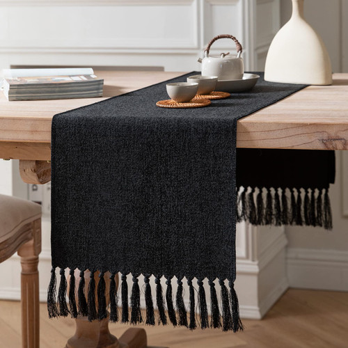 ZeeMart Black Table Runners 60 Inches Long, Burlap Linen Style Rustic Farmhouse Table Runner, Boho Woven Dining Table Runner, 13x60 Inches, Black ZeeMart Black Table Runners 60 Inches Long, Burlap Linen Style Rustic Farmhouse Table Runner, Boho Woven Dining Table Runner, 13x60 Inches, Black