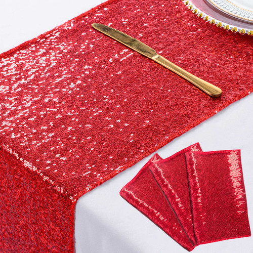 Table Runner Red 14''x108'' Pack of 3 Sequin Table Runner 108 Inches Long Red Glitter Table Runner for Birthday Party Sparkle Wedding Table Runner Sequins Table Decor ?3PC 14"x108" Red?