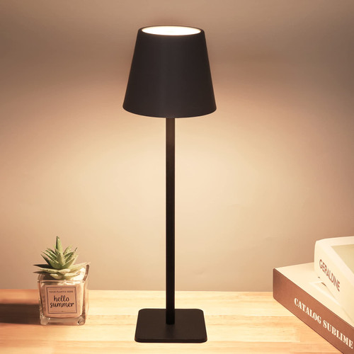BOOHENKA Cordless Table Lamp,Rechargeable Battery Powered LED Desk lamp with 3 Color Stepless Dimming,Minimalist Portable Table Lamp for Restaurant,Bedroom,Camping,Outdoor - Black