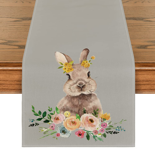 Artoid Mode Easter Bunny Easter Table Runner Grey, Seasonal Spring Flowers Holiday Kitchen Dining Table Runner for Home Party Decor 13 x 72 Inch