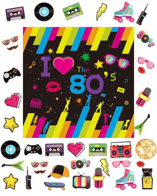 Tatuo 23 Pieces 80's Party Favors Photo Booth Props Backdrop Banner Funny Birthday Party Photo Props with Wooden Sticks for Women Men 1980's Theme Birthday Party Hip Hop Decoration Supplies