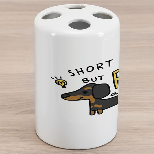 Ambesonne Dachshund Ceramic Toothbrush Holder, Short Legs but Big Attitude Text Dachshund Puppy, Decorative Versatile Countertop for Bathroom, 4.5" X 2.7", Grey Brown