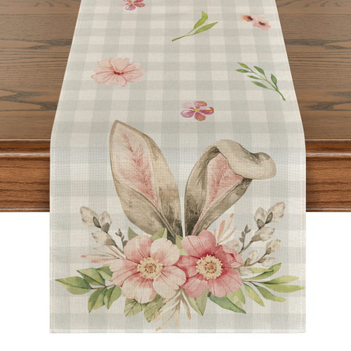 Easter Table Runner 72 Inches Long, Buffalo Plaid Rabbit Ears Flower Easter Table Runner for Easter Table Decoration Indoor Outdoor