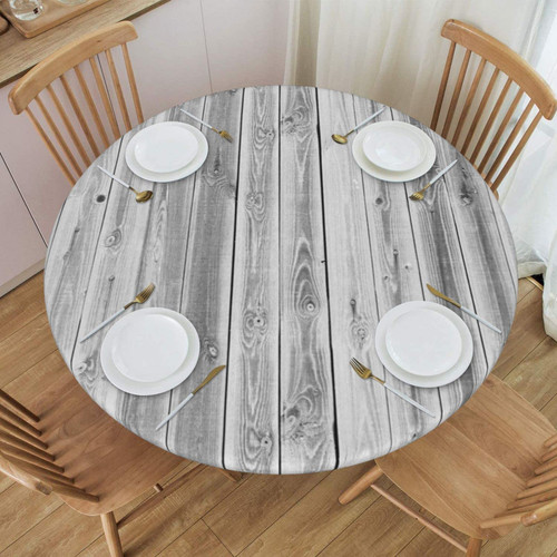 FATTTYCY Grey Round Table Cloth Wood Grain Tablecloth Elastic Edge Fitted Table Cover Fits Tables Up to 40"-44" Diameter