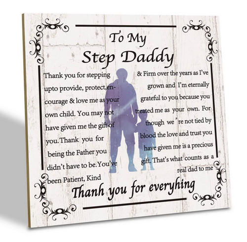 Step Daddy Gift Box Sign, Thank You for Everything, Wood Plaque Table Art Sign 6.2 * 6.2inch, Stepdad Poem Wooden Plaque, Unique Gift Idea for Bonus Dad, Father's Day Gift for Adopted Dad