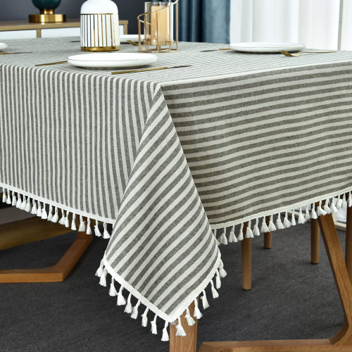 TruDelve Cotton Linen Table Cloth Stripe Tassel Square Tablecloth Dust-Proof Table Cover for Kitchen Dinning Tabletop Decoration (Green, Square, 55 x 55Inch)