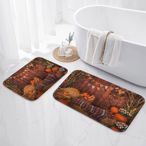 Arttown Autumn Falling Maple Leaves Bathroom Rugs and Mats Sets 2 Piece, Orange Fall Bathroom Rugs Non Slip, Farmhouse Absorbent Microfiber Memory Foam Bath Mat Machine Washable Bathroom Floor Mats
