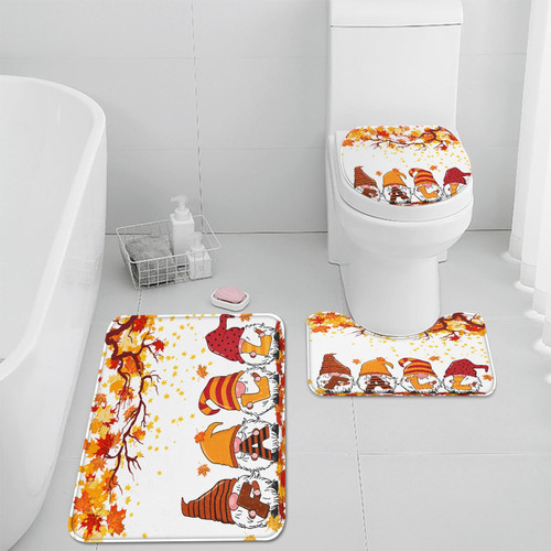 Arttown Fall Gnomes Bathroom Rugs and Mats Sets 3 Piece, Autumn Orange Bathroom Rugs Non Slip, Maple Leaves Thanksgiving Absorbent Microfiber Memory Foam Bath Mat Machine Washable Bathroom Floor Mats
