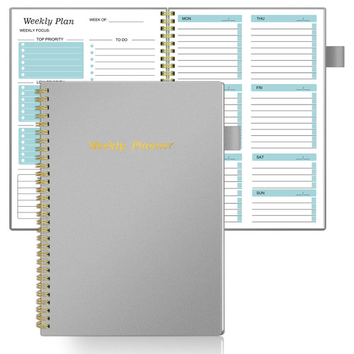 Undated Weekly Planner , To Do List Notebook Calendar Organizers Habit Tracker Journal for Man & Women, Daily Journal planner with Weekly Goals, Spiral Binding, Pocket, Pen Loop, 53 Weeks (7x10") - Grey
