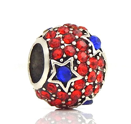 J&M Red Crystal Spacer Bead with Blue Stars for Charms Bracelets