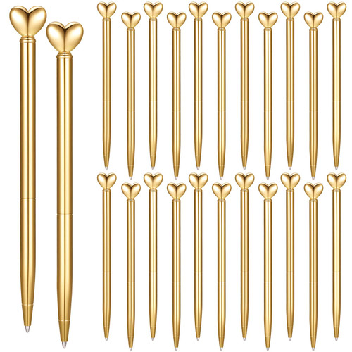 24 Pcs Heart Shaped Pens Retractable Metal Cute Heart Pens 1.0 mm Black Ink Ballpoint Decorative Pens Engagement Gifts for Women School Office Wedding Bridal Shower Valentine's Day (Gold)