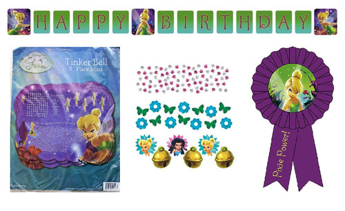 Tinkerbell Fairy Princess Birthday Party Supplies Bundle Includes 1 Plastic Happy Birthday Banner, 8 Paper Place Mats, 1 Confetti Pack, 1 Award Ribbon