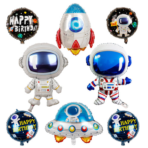 Space Astronaut Rocket Foil Balloons, Large Spaceman Airship Mylar Outer Space Balloons, Galaxy Earth Planet Space Themed Birthday Party Decoration Supplies - Pack of 8