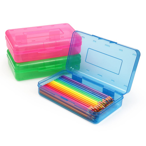 Tamaki 3 Pack Plastic Pencil Box Large Capacity Pencil Boxes Clear Boxes with Snap-tight Lid Stackable Design and Stylish Office Supplies Storage Organizer Box, Blue, Green, Pink