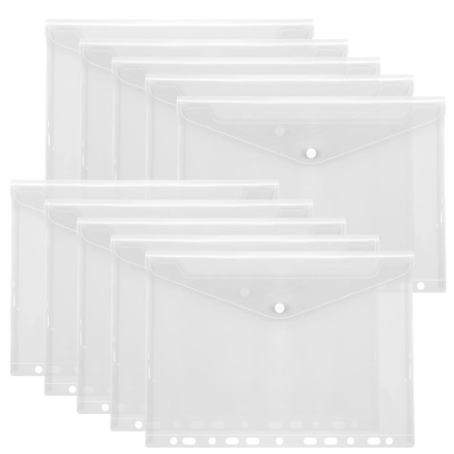 Toplive Binder Pockets,10 Packs 11 Holes Binder Envelopes Clear A4 Letter Size Waterproof Poly Envelopes Folders with Snap Closure for Office School Supplie