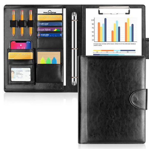 Toplive 3 Ring Portfolio Binder Padfolio Folder, Leather Business Interview Resume Portfolio A4/Letter Size Document Organizer with Clipboard Receipt Sleeve and Card Holder,Black