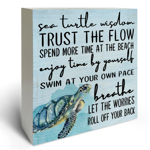 Farmhouse Sea Turtle Wooden Box Sign Artwork Summer Beach Wood Plaque Block Desk Sign Home Table Shelf Decor 5 x 5 Inches