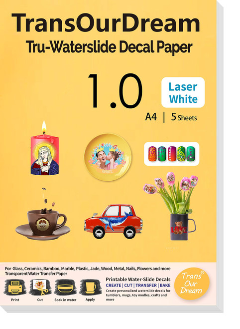 TransOurDream Water Slide Decal Paper for Laser Printer WHITE (5 Sheets, A4 Size) Waterslide Transfer Paper Printable Waterslide Paper for Tumblers, Mugs, Glasses TransOurDream Water Slide Decal Paper for Laser Printer WHITE (5 Sheets, A4 Size) Waterslide Transfer Paper Printable Waterslide Paper for Tumblers, Mugs, Glasses