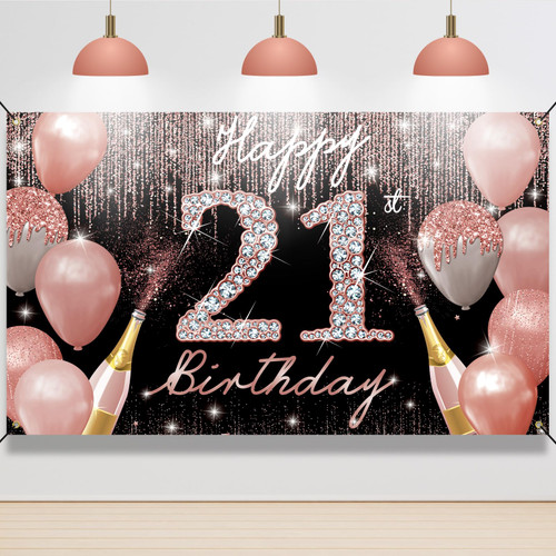 Happy 21st Birthday Backdrop Banner, 21st Birthday Decoration for Her Rose Gold, 21 Year Old Birthday Party Yard Sign Photo Booth Props Background Poster, 21 Bday Decor, Fabric, PHXEY