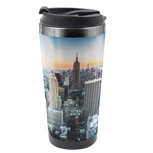 Ambesonne New York Travel Mug, NYC Manhattan Skyline Cityscape Contemporary Sunset Landscape Photo Print, Steel Thermal Cup, 16 oz, Grey Orange