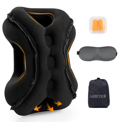 SAHEYER Inflatable Travel Pillows, New Upgrade Inflatable Airplane Pillow for Sleeping Rest Avoid Neck and Shoulder Pain, Inflatable Neck Pillow with Free Eye Mask and Earplugs (Black) SAHEYER Inflatable Travel Pillows, New Upgrade Inflatable Airplane Pillow for Sleeping Rest Avoid Neck and Shoulder Pain, Inflatable Neck Pillow with Free Eye Mask and Earplugs (Black)