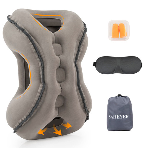 SAHEYER Inflatable Travel Pillows, New Upgrade Inflatable Airplane Pillow for Sleeping Rest Avoid Neck and Shoulder Pain, Inflatable Neck Pillow with Free Eye Mask and Earplugs (Grey) SAHEYER Inflatable Travel Pillows, New Upgrade Inflatable Airplane Pillow for Sleeping Rest Avoid Neck and Shoulder Pain, Inflatable Neck Pillow with Free Eye Mask and Earplugs (Grey)