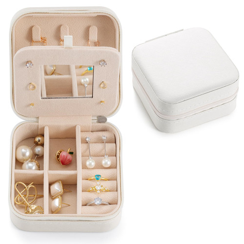 Small Travel Jewelry Case, To Go Portable Jewelry Box, Travel Jewelry Organizer,Portable Jewellery Storage Holder for Rings Earrings Necklace, Gifts for Girls Women with Mirror -White