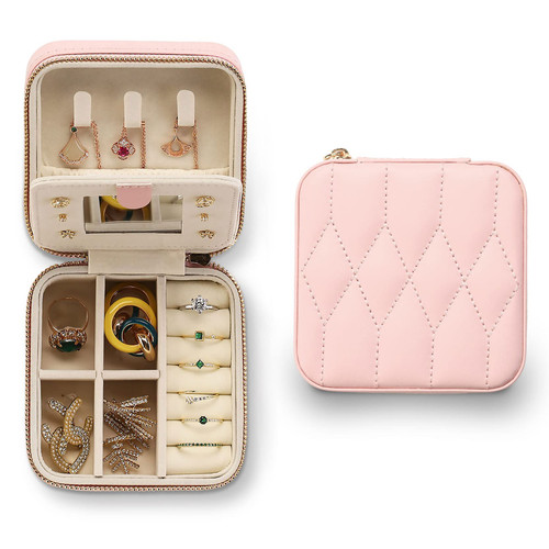 ZPROW Travel Jewelry Case with Mirror, Portable Jewelry Box Small Travel Jewelry Organizer for Rings, Earrings, Pendants, Watches, Necklaces, Lipsticks Organizer Storage Holder Case (Pink)