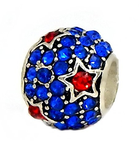 J&M Sapphire Blue Crystal Spacer Bead with Red Stars for Charms Bracelets
