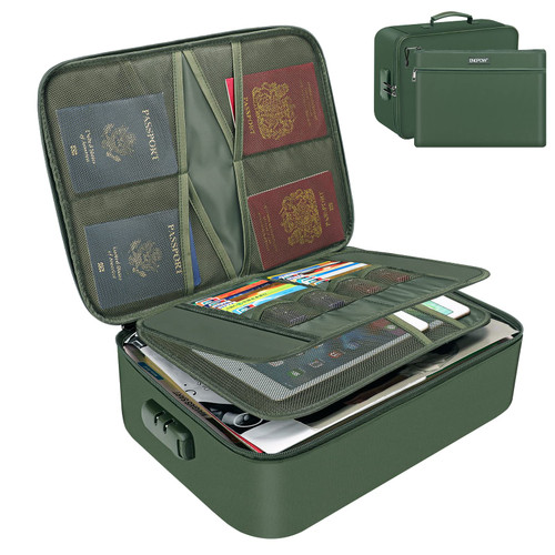 ENGPOW File Organizer Bags,Fireproof Document Bag with Fireproof Money Bag,Home Office Travel Safe Bag with Lock,Multi-Layer Portable Filing Storage for Important File Passport Certificates,Green