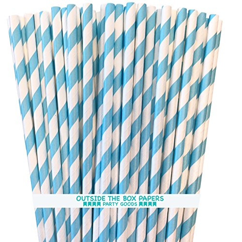 Paper Drinking Straws - Light Blue White - Striped - 7.75 Inches - Pack of 100 Outside the Box Papers Brand