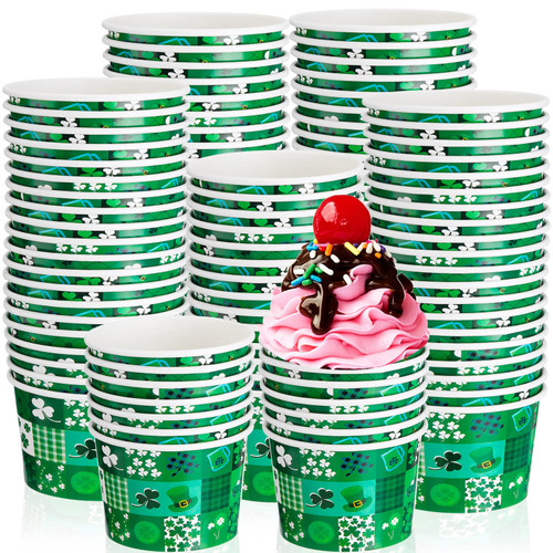 60 Packs St Patrick's Day Paper Ice Cream Bowls Green Shamrocks Clovers Disposable Dessert Bowls Irish Themed Ice Cream Bowls Disposable Soup Bowls Paper Soup Cups Holiday Snack Cups for Yogurt, Soup
