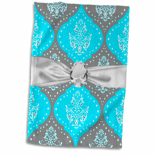 3dRose Grey Aqua Blue White Henna Damask Faux Diamond Ribbon - Towels (twl-118973-1)