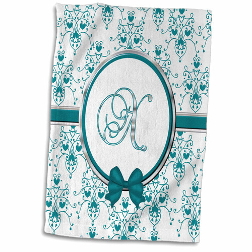 3dRose Elegant Green and Silver Heart Damask Monogram Letter X - Towels (twl-164874-1)