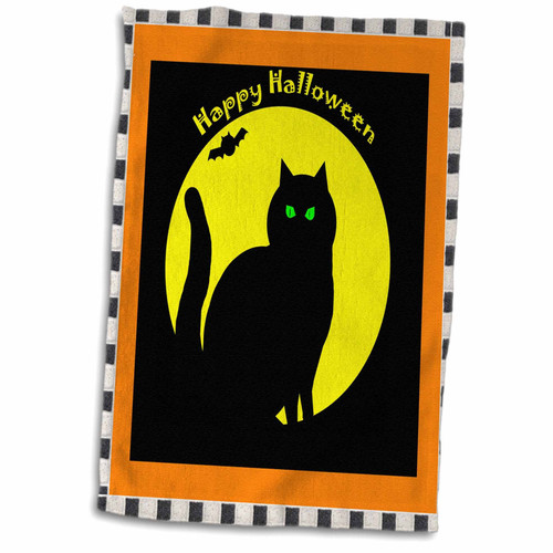 3dRose Halloween greeting with black cat and moon in the background - Towels (twl-165587-1)
