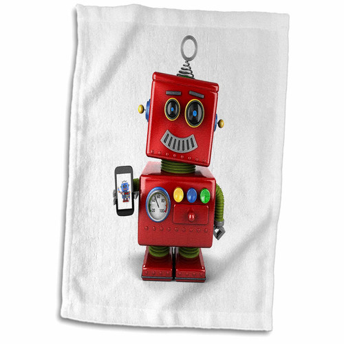 3dRose Cute vintage toy robot with smart phone - Towels (twl-165725-1)