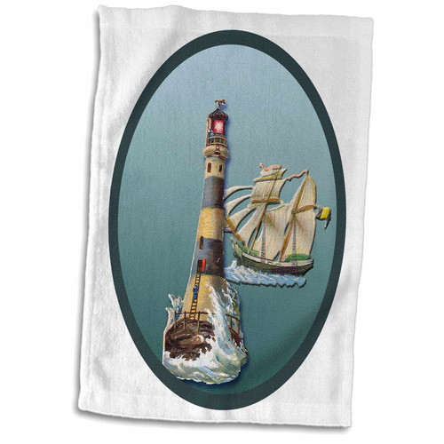3dRose Vintage Lighthouse and a Sailing Ship Art Framed in Blue Reproduction - Towels (twl-170340-1)