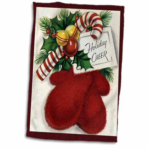 3dRose Holiday Cheer Greeting with Red Mittens Candy Cane and Holly Cartoon - Towels (twl-172753-1)