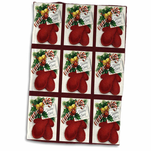 3dRose Holiday Cheer with Red Mittens Candy Cane and Holly Cartoon Pattern - Towels (twl-172754-1)