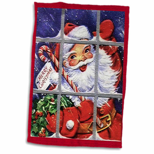 3dRose Santa Waving from Outside The Window with Candy Cane and Holly - Towels (twl-172763-1)