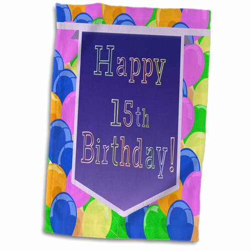 3dRose Balloons with Purple Banner Happy 15th Birthday - Towels (twl-174804-1)