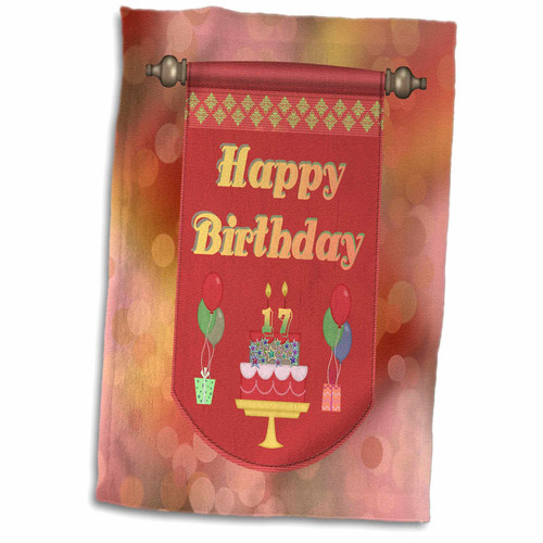 3dRose Happy 17th Birthday Banner, Cake with Gifts and Balloons - Towels (twl-186463-1)