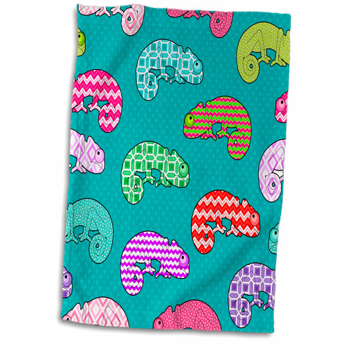 3dRose Janna Salak Designs Small Pets - Blue Rainbow Chameleon Pattern - Towels (twl-203401-1)