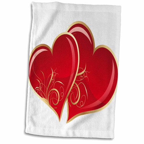 3dRose Two Red and Gold Shimmering Hearts with Flourishes - Towels (twl-211045-1)