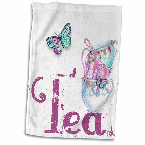 3dRose Vintage Stack Of Tea Cups With The Word Tea - Towels (twl-211110-1)