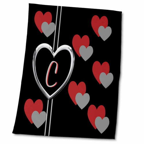 3dRose Modern Geometric Black Red Grey Hearts Pattern Monogram Letter C - Towels (twl-215194-2)