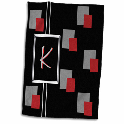 3dRose Modern Geometric Black Red Grey Square Pattern Monogram Letter K - Towels (twl-215228-1)