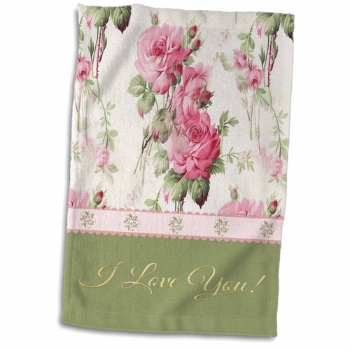 3dRose Pink Vintage Look Roses, Ribbon Look, Pearled Jewel Look, I Love You - Towels (twl-216644-1)