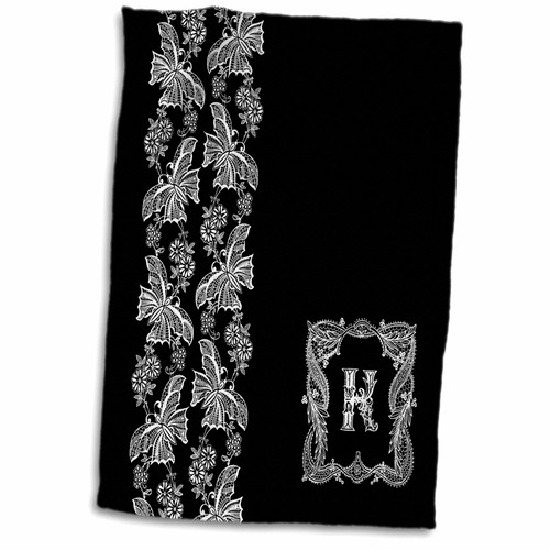3dRose Monogram Initial K in White Lace Over Black Background - Towels (twl-238732-1)