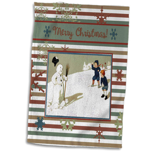 3dRose Children Throwing Snowballs at Snowman, Hat in Air, Merry Christmas - Towels (twl-302964-1)